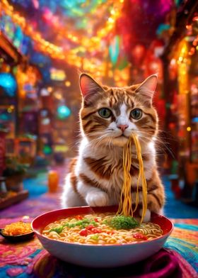 Funny Cat Eating Ramen