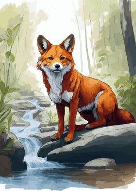 Fox in Forest by Waterfall