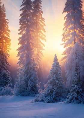 Sunlit snowy fir forest