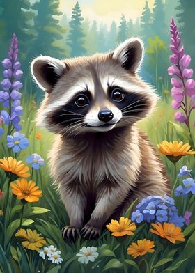 Cute Raccoon in Meadow