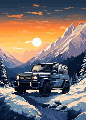 sunset snow mountains car