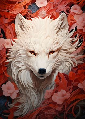 White Wolf in Red Flowers