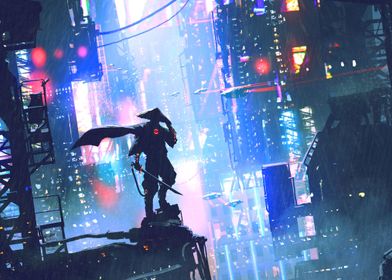 Cyberpunk city Samurai