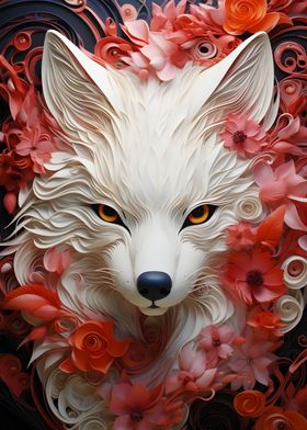 White Fox in Red Flowers