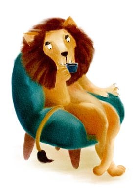 Cute Lion Drinking Coffee