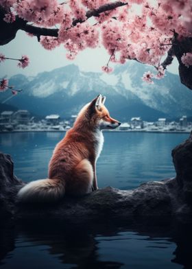 Fox sitting at a Lake