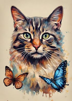 Animal Picture Posters Cats, Cat Butterfly Wall Poster