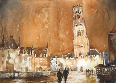 Bruges Belgium skyline art