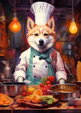 Dog Chef Cooks in kitchen