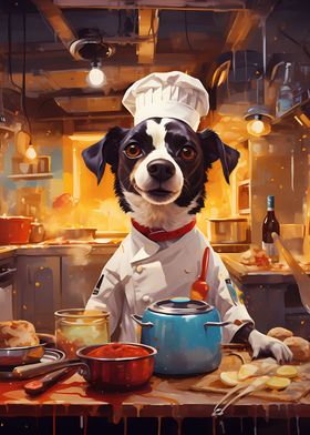 Dog Chef Cooks in kitchen