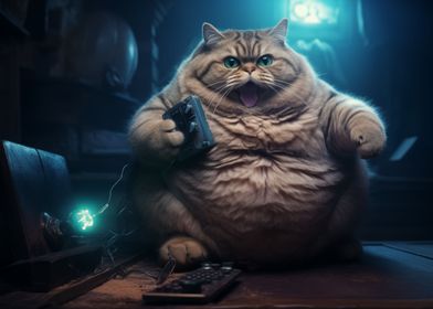 Fat Cat Playing Video Game