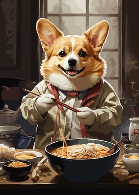 Corgi Eating Ramen