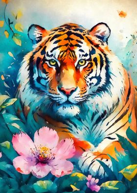 Tiger and pink flower