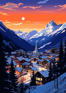 Swiss Sunset Snow Village