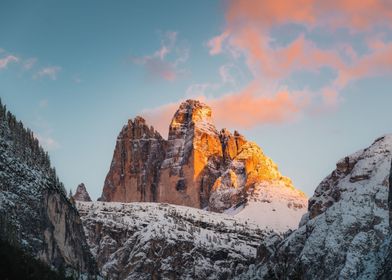 Snowy mountain sunset