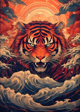 Tiger In Waves Red