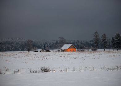 Orange house in winter