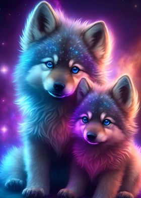 Colorful wolf cubs