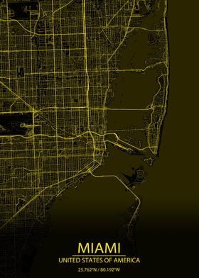 Miami USA Black Yellow Map