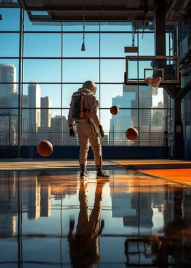 Astronaut playing basketba