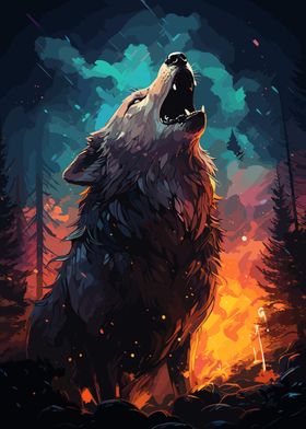 Wolf Howling Forest Fire