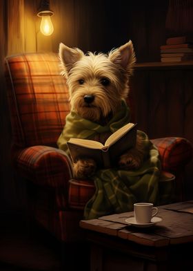 A Dog Reads Book On Sofa