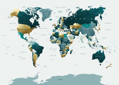 World Map in Teal Gren