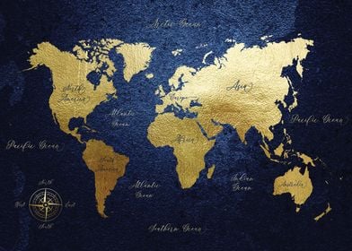 World Map in Blue and Gold
