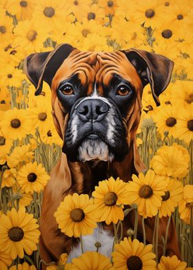 Boxer dog in sunflowers