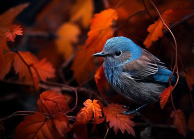 Blue Bird in Red leaves