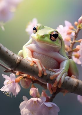 Frog and cherry blossoms