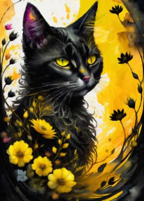 Black Cat Yellow Flowers