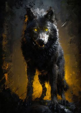 Black Wolf with Yellow Eye