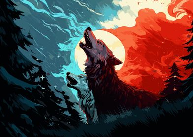 Twin Wolves Howling Night