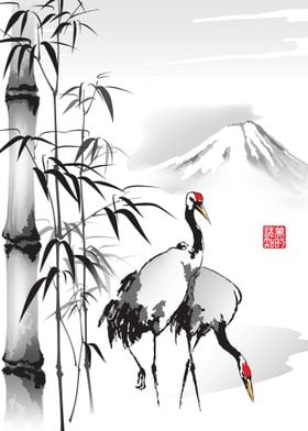 Japanese Cranes Bamboo