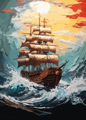 Pirate ship in ocean waves
