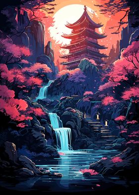 Japanese Temple Waterfall