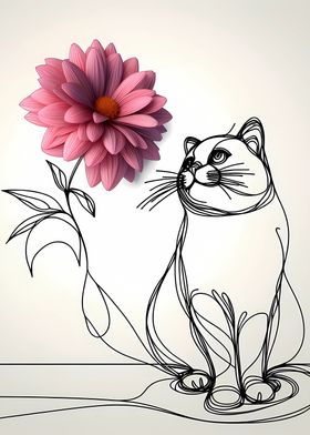 One line cat and flower