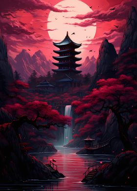 Red Japanese landscape