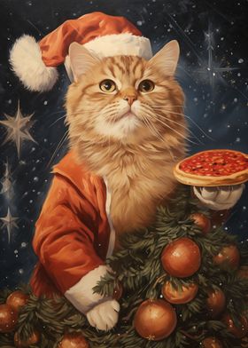 Cat eat pizza in Christmas