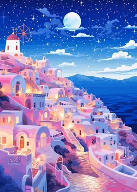 Greece Moon Night Art