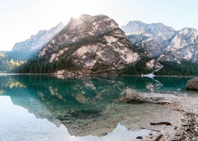 Green lake misty mountain