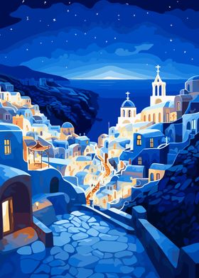 Cool Blue Greece Night Art