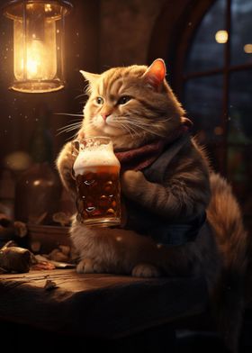Fluffy Cat Drinking Beer