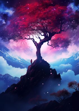 Red Tree On Mountain Top