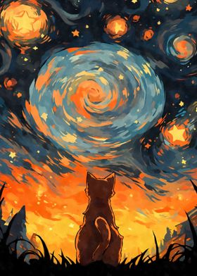 Orange Cat Starry Night