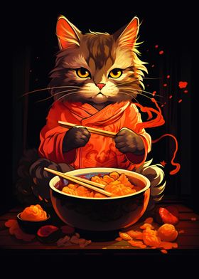 Cute Cat Eating Ramen