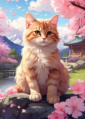 a cat in a blooming sakura