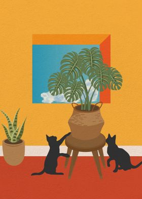 silhouette cat and plant