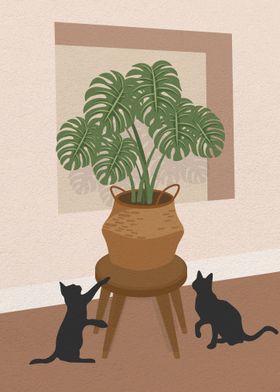 Cat playing with plant